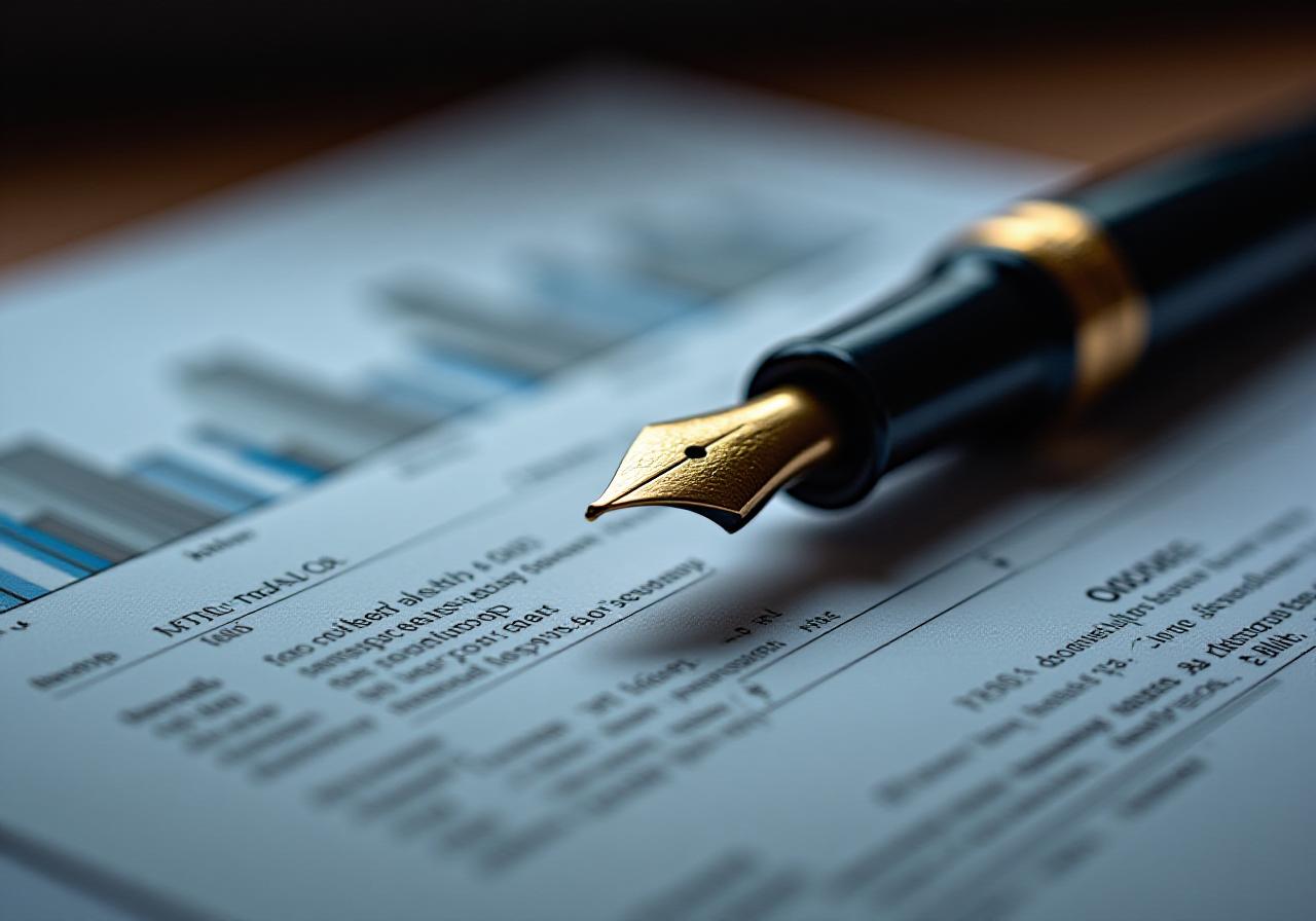 Close up of luxury fountain pen on economic report